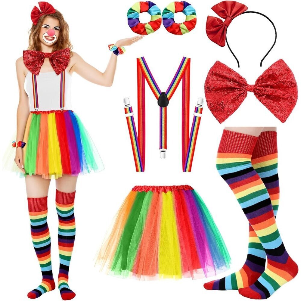 Women Clown Costume Set Rainbow Tutu Socks Suspender Halloween Carnival